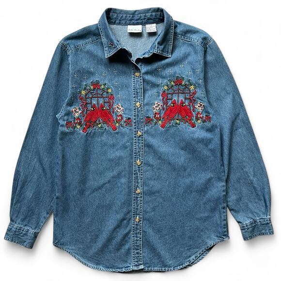 Vintage Embroidered Cardinals Holiday Winter Denim Button Up Birds Shirt Flower - Picture 1 of 9